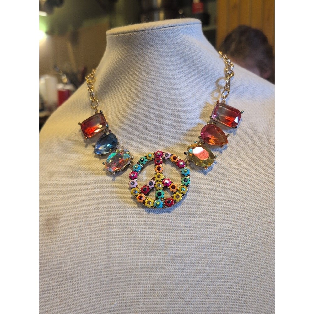 Betsey Johnson Gold Tone Love Fest Peace Sign Statement Necklace Crystal Accents